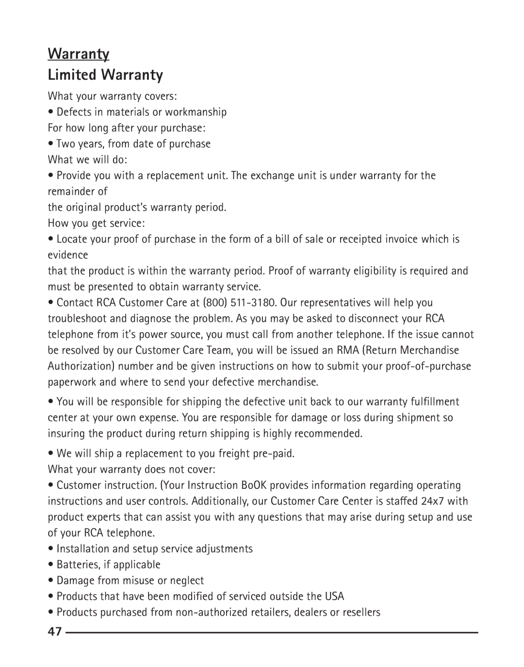 RCA IP110 manual Warranty Limited Warranty 