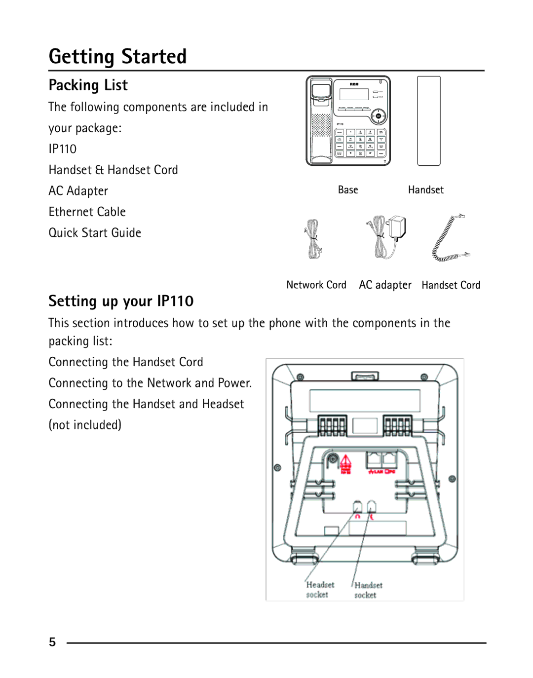 RCA manual Packing List, Setting up your IP110 