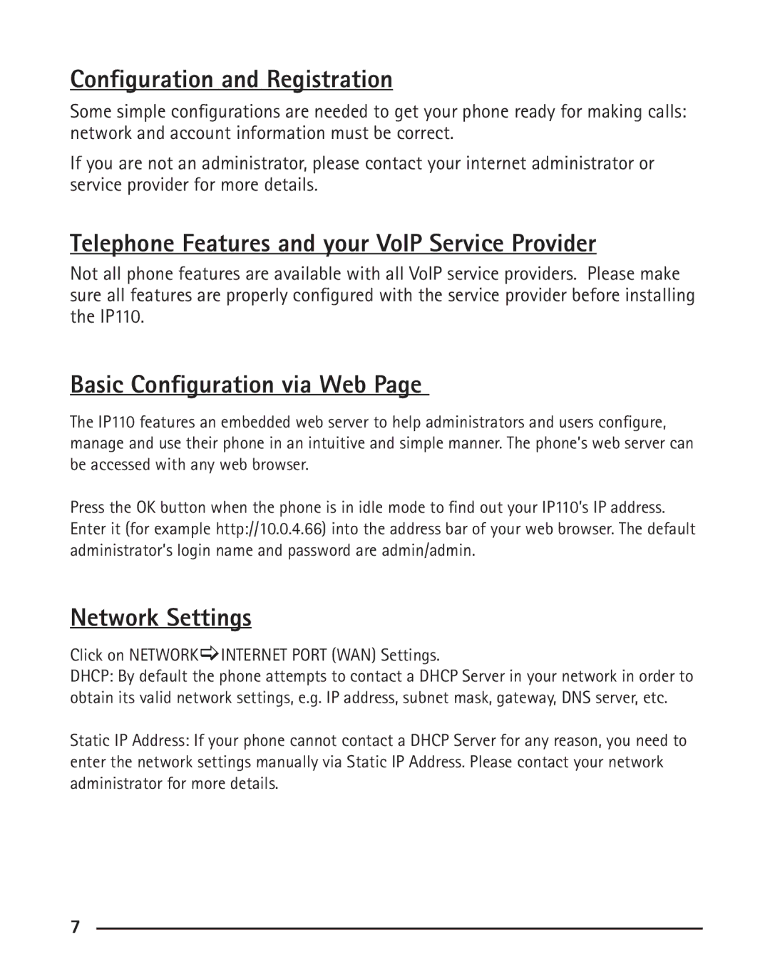 RCA IP110 Configuration and Registration, Telephone Features and your VoIP Service Provider, Basic Configuration via Web 