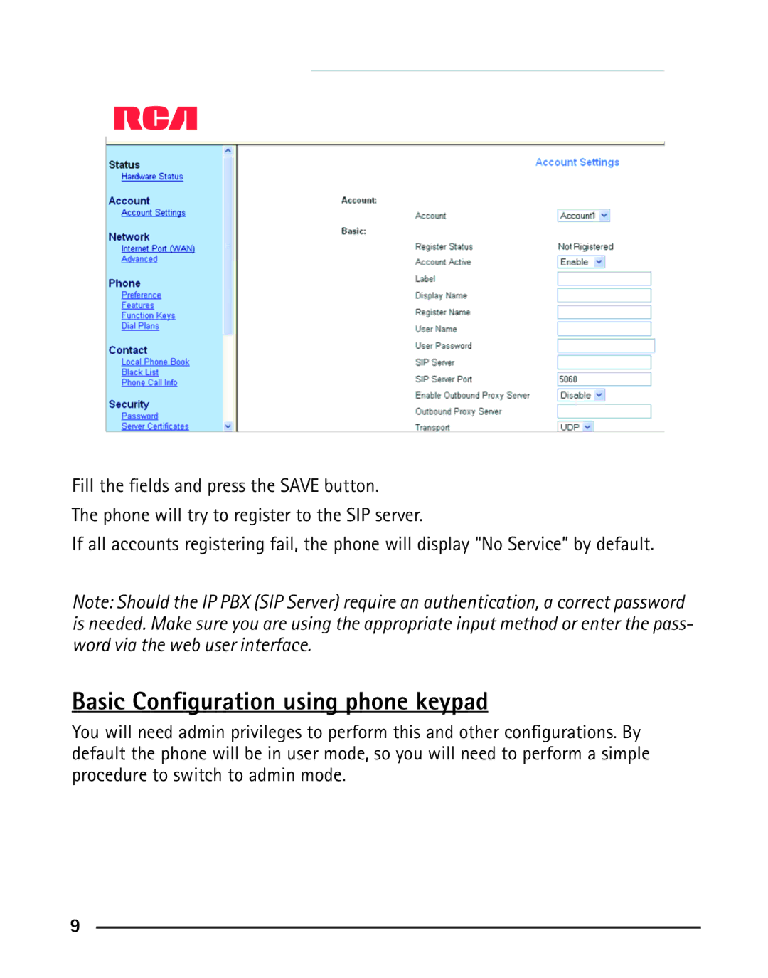 RCA IP110 manual Basic Configuration using phone keypad 