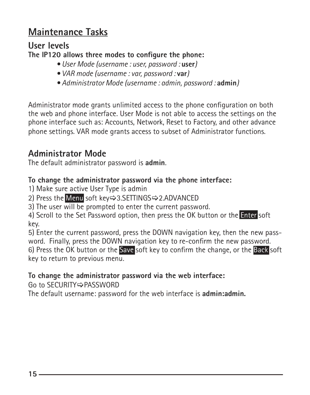 RCA manual Maintenance Tasks, User levels, Administrator Mode, IP120 allows three modes to configure the phone 