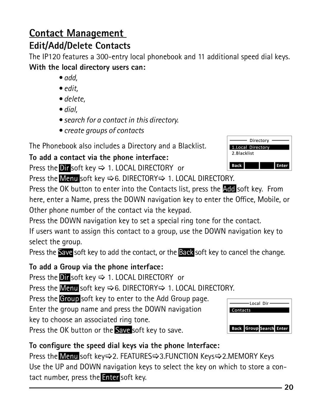 RCA IP120 manual Contact Management, Edit/Add/Delete Contacts 