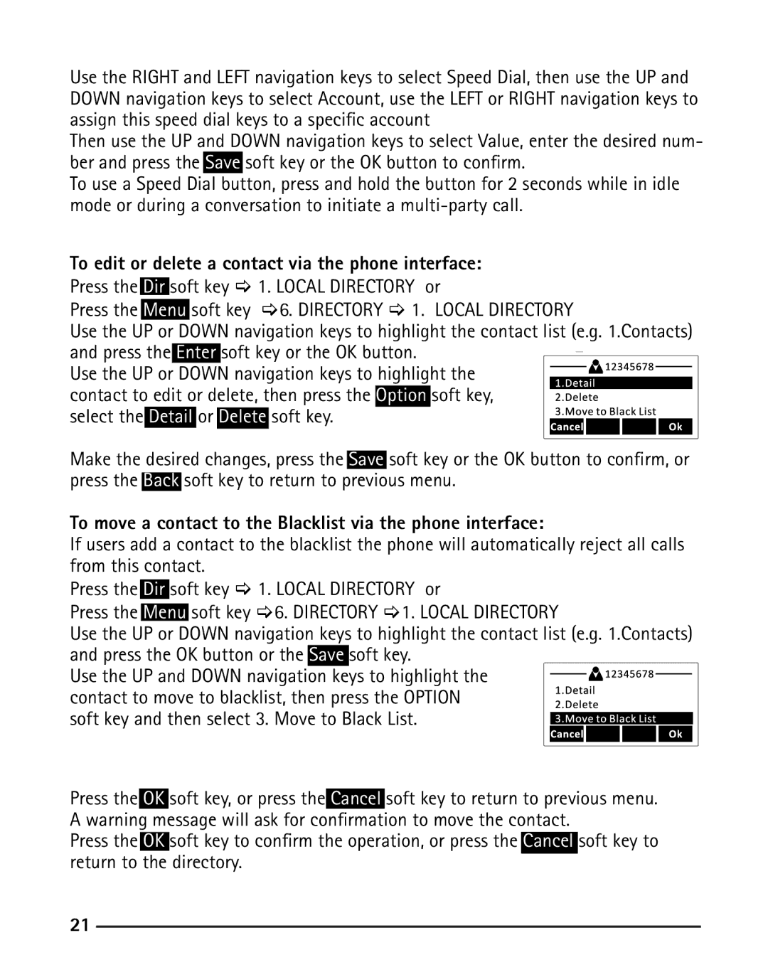 RCA IP120 To edit or delete a contact via the phone interface, To move a contact to the Blacklist via the phone interface 