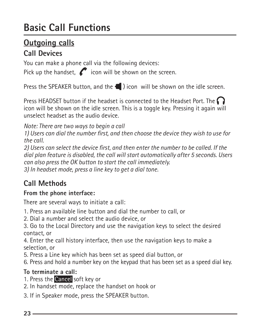 RCA IP120 manual Outgoing calls, Call Devices, Call Methods, From the phone interface, To terminate a call 