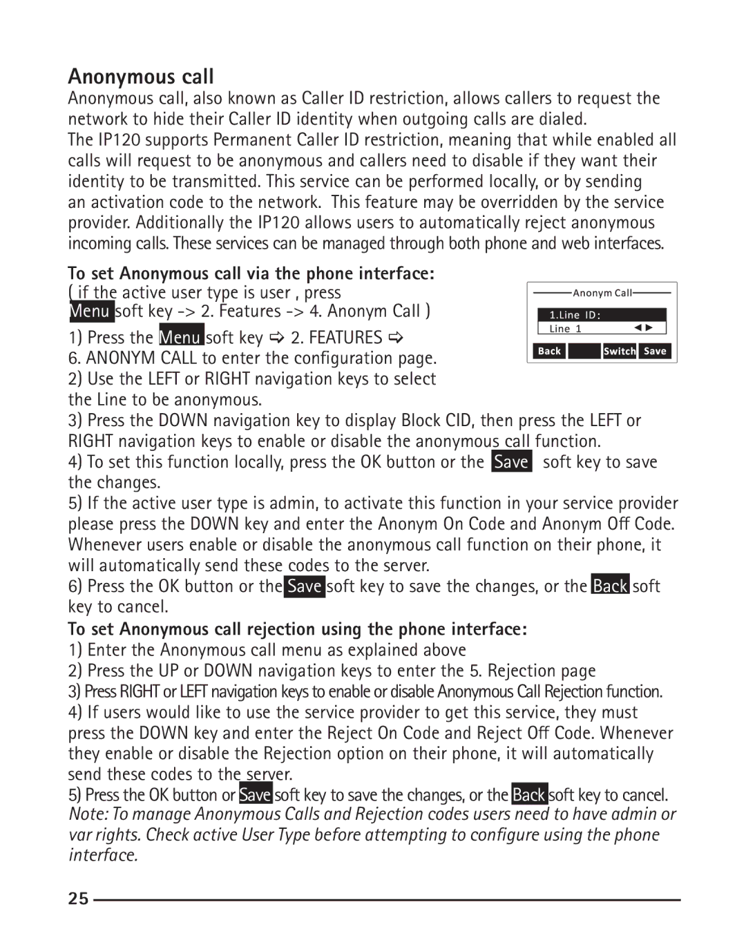 RCA IP120 manual To set Anonymous call rejection using the phone interface 