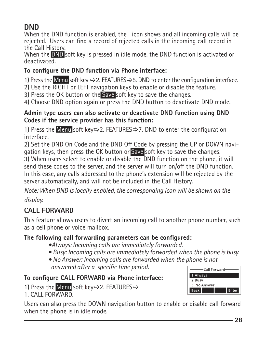 RCA IP120 manual To configure the DND function via Phone interface, Following call forwarding parameters can be configured 