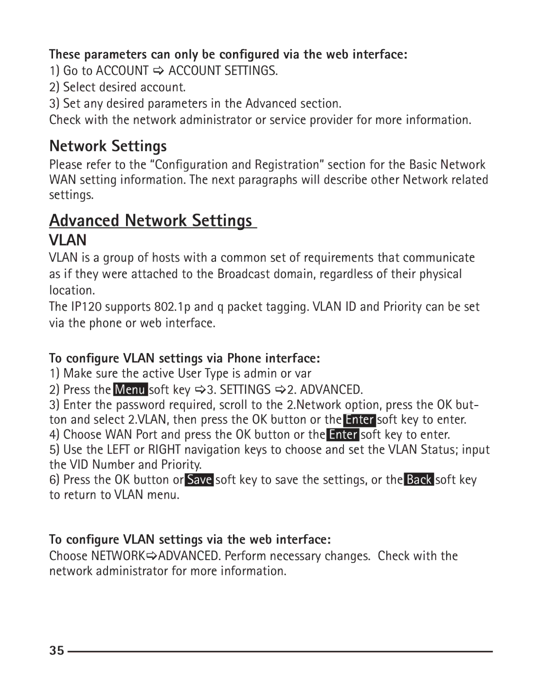 RCA IP120 manual Advanced Network Settings, To configure Vlan settings via Phone interface 