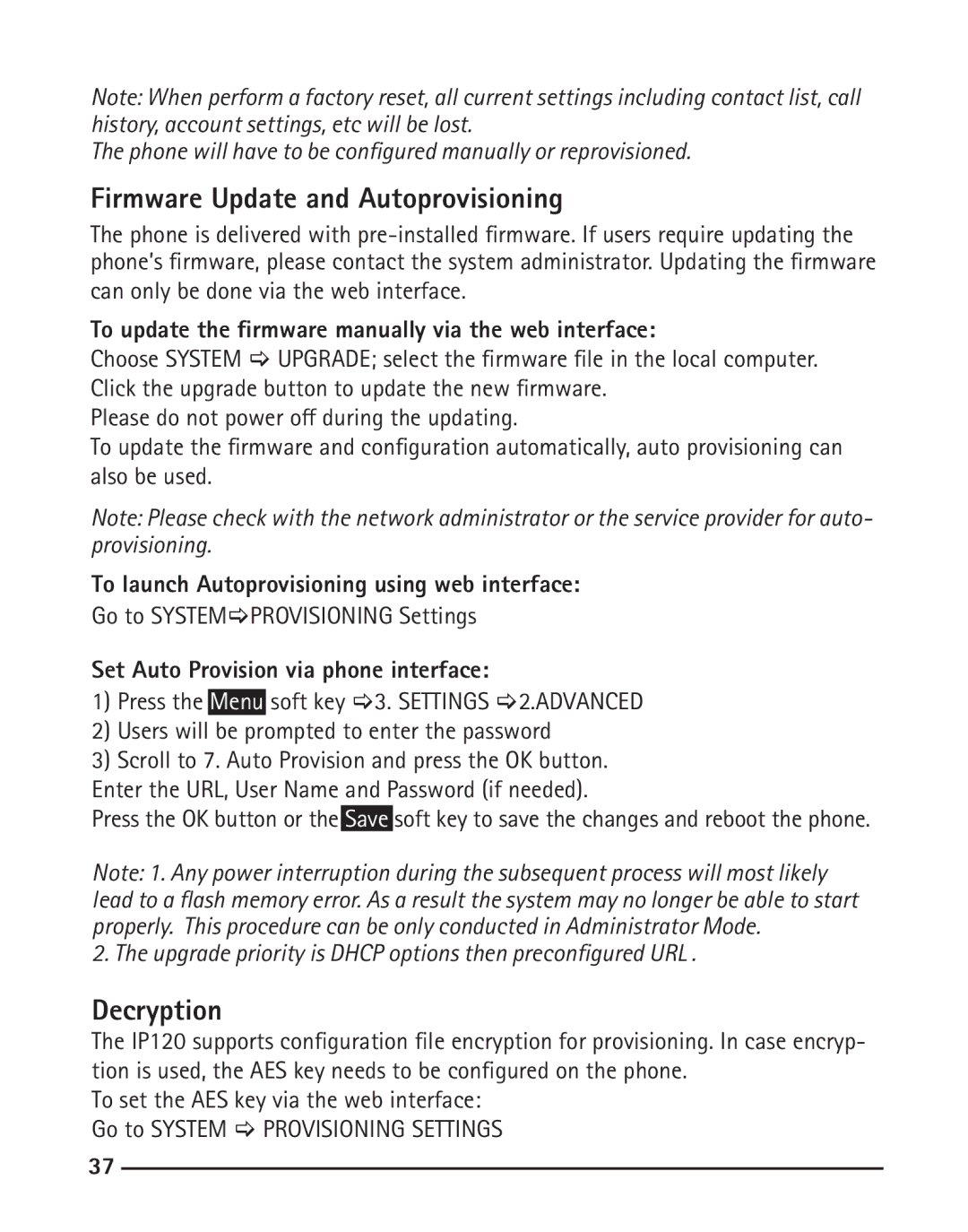 RCA IP120 Firmware Update and Autoprovisioning, Decryption, To update the firmware manually via the web interface 