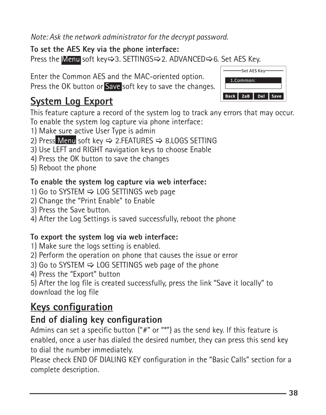 RCA IP120 manual System Log Export, Keys configuration, To set the AES Key via the phone interface 