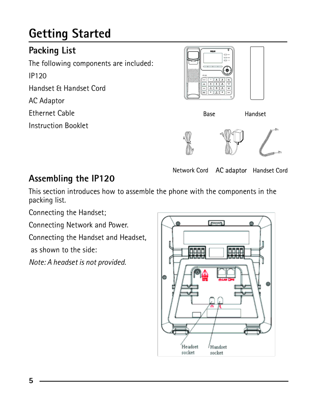 RCA manual Packing List, Assembling the IP120 