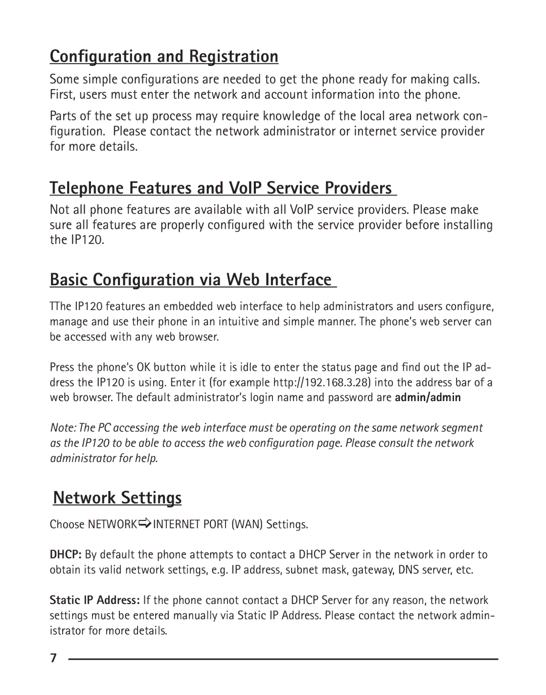 RCA IP120 manual Configuration and Registration, Telephone Features and VoIP Service Providers, Network Settings 