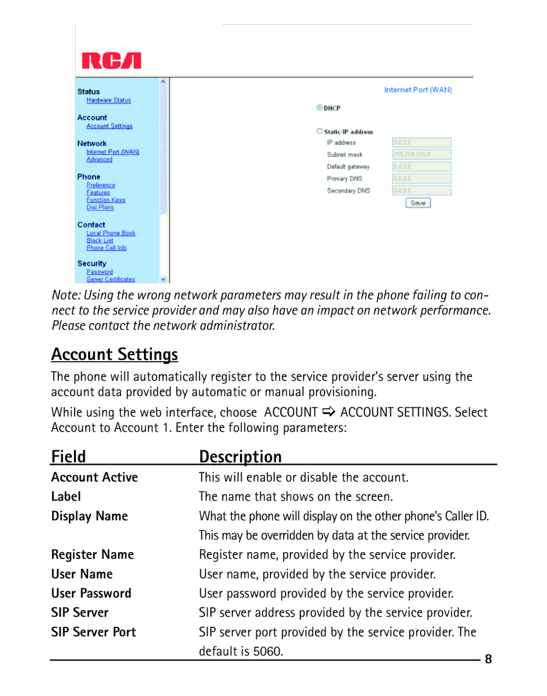 RCA IP120 manual Account Settings, Field Description 