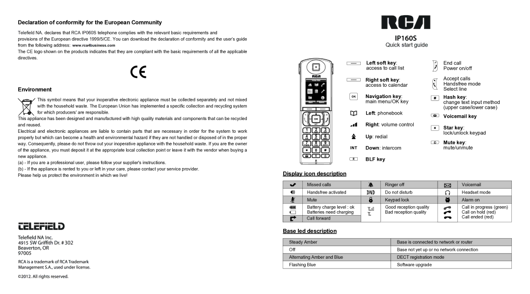 RCA IP160S quick start Declaration of conformity for the European Community, Environment, Display icon description 