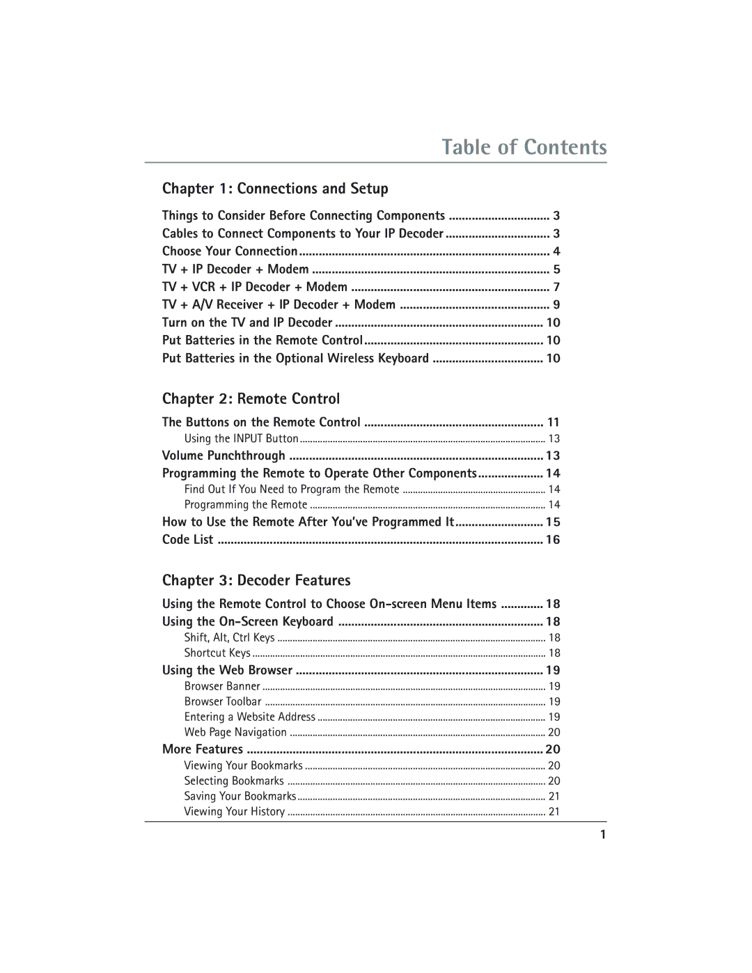 RCA IP900 manual Table of Contents 