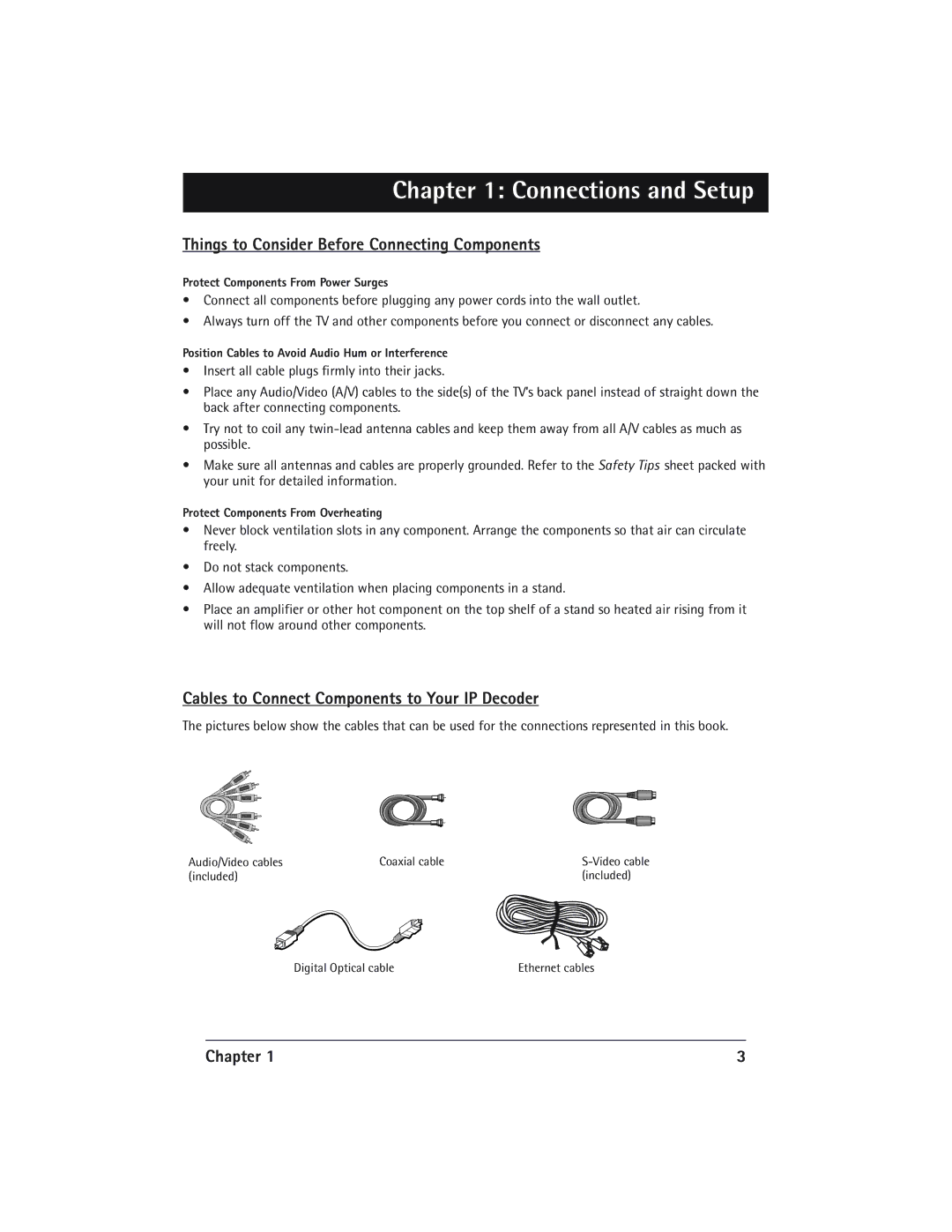 RCA IP900 manual Things to Consider Before Connecting Components, Cables to Connect Components to Your IP Decoder, Chapter 