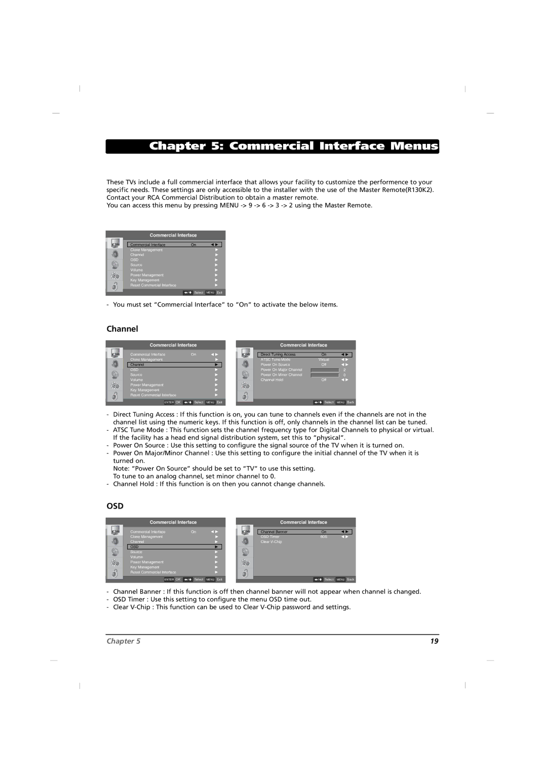 RCA J12H770 manual Commercial Interface Menus, Channel 