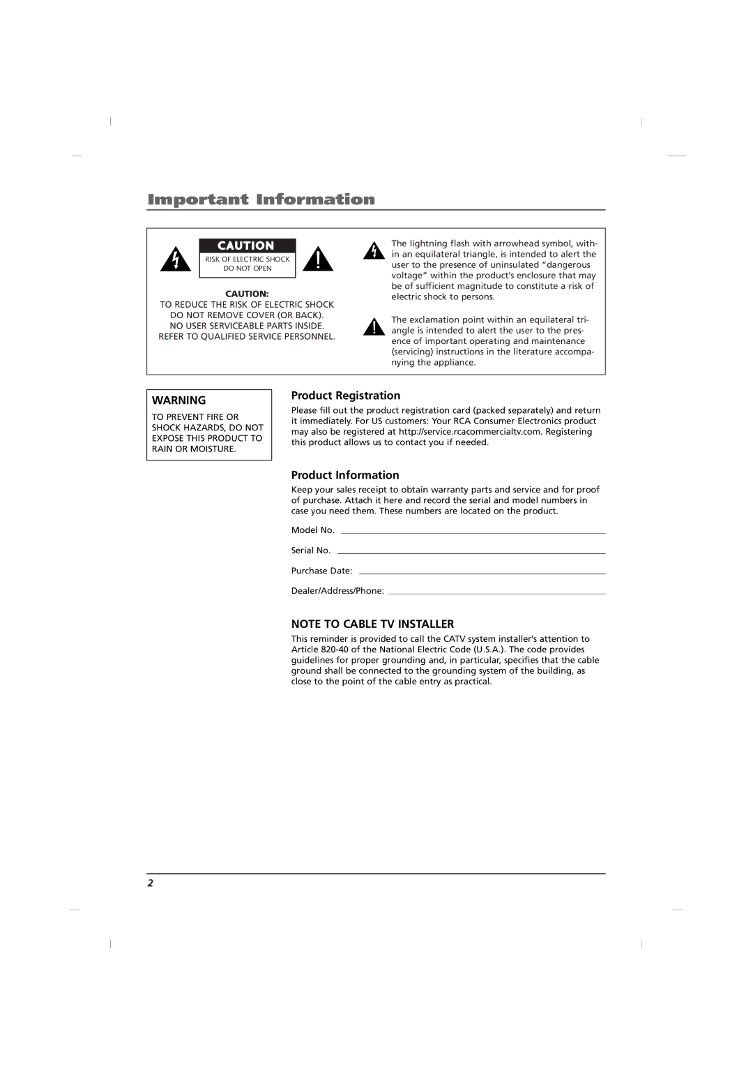 RCA J12H770 manual Important Information, Product Registration, Product Information 