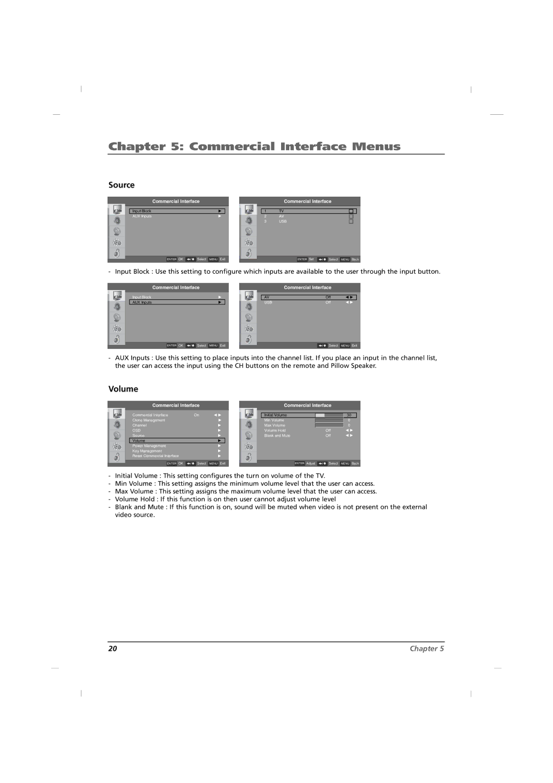 RCA J12H770 manual Commercial Interface Menus, Source, Volume 