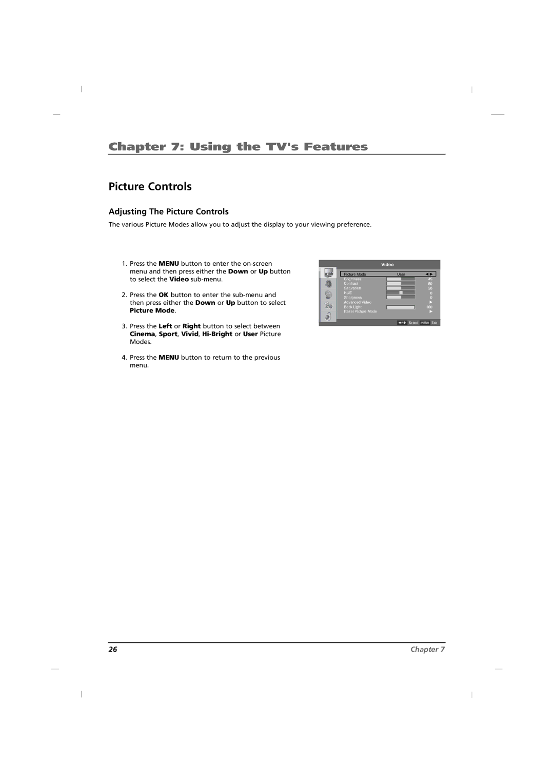 RCA J12H770 manual Adjusting The Picture Controls 