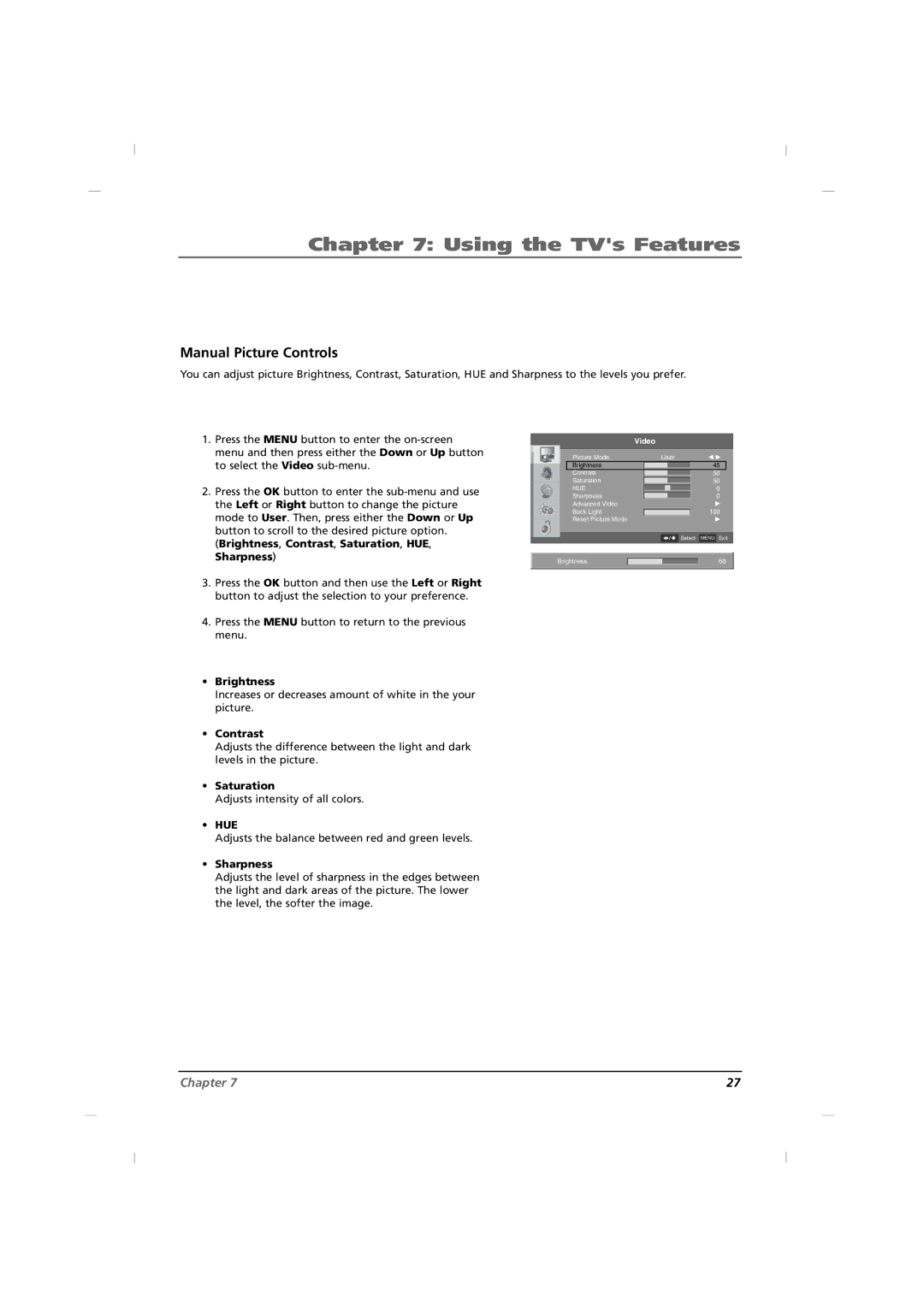 RCA J12H770 manual Manual Picture Controls, Brightness, Contrast, Saturation, Sharpness 