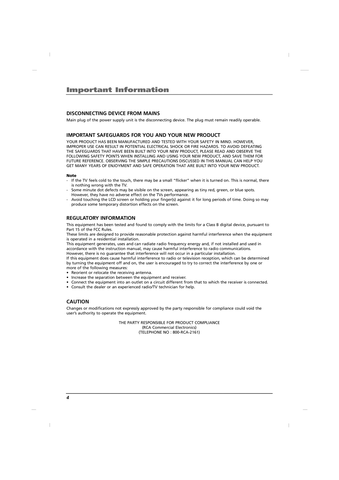 RCA J12H770 manual Disconnecting Device from Mains 