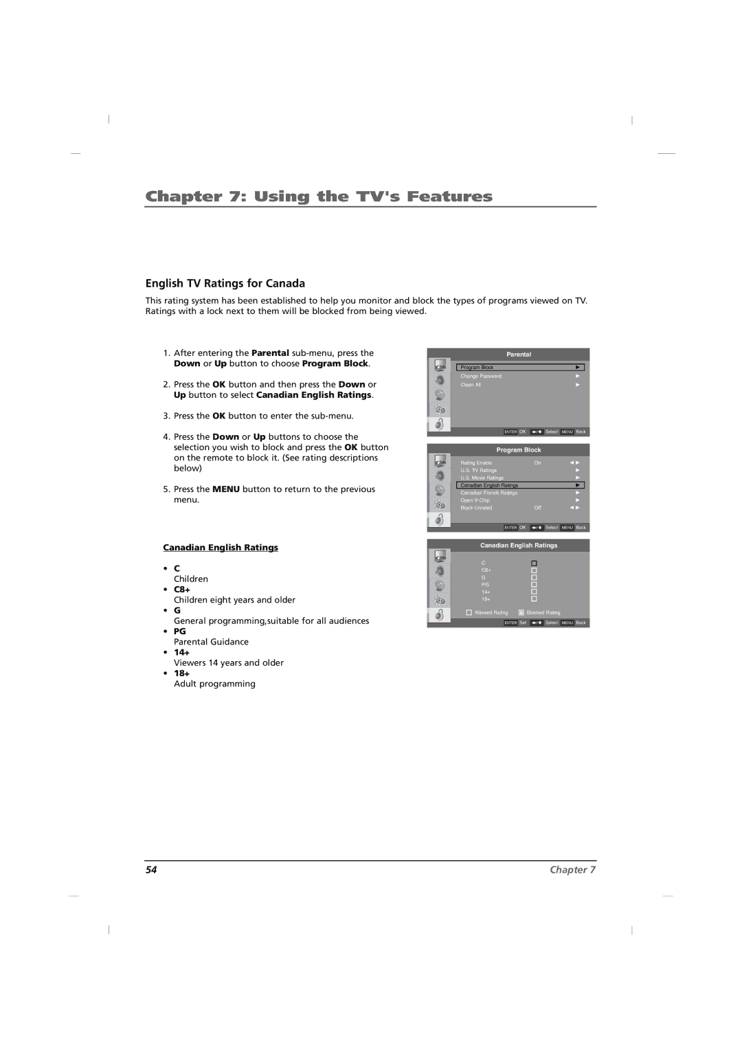 RCA J12H770 manual English TV Ratings for Canada, Canadian English Ratings Children C8+, 14+, 18+ 