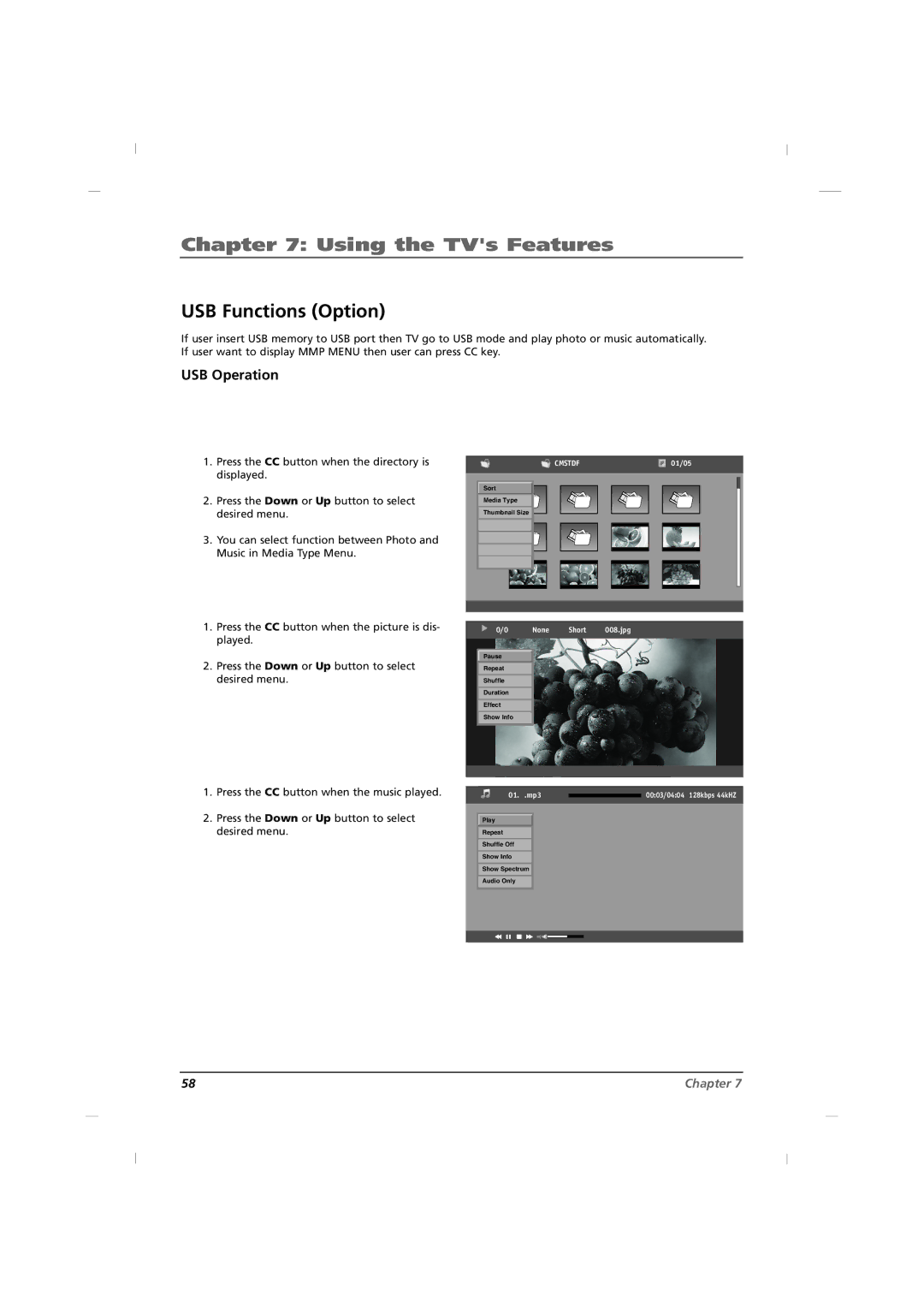 RCA J12H770 manual USB Functions Option, USB Operation 