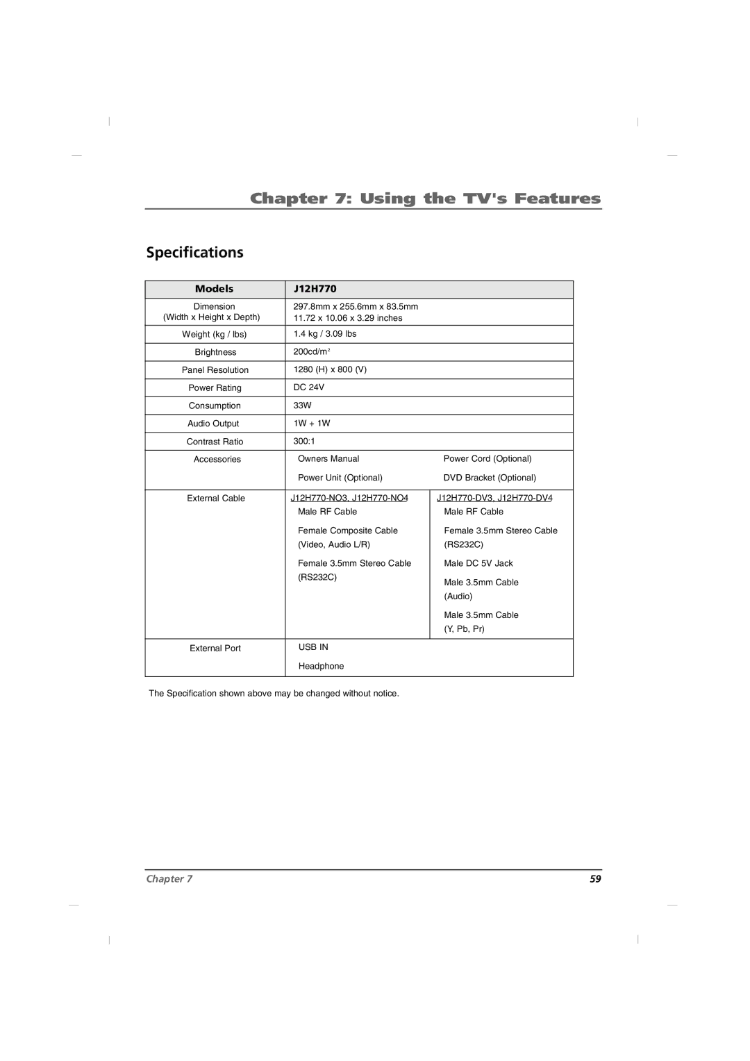 RCA manual Specifications, Models J12H770 