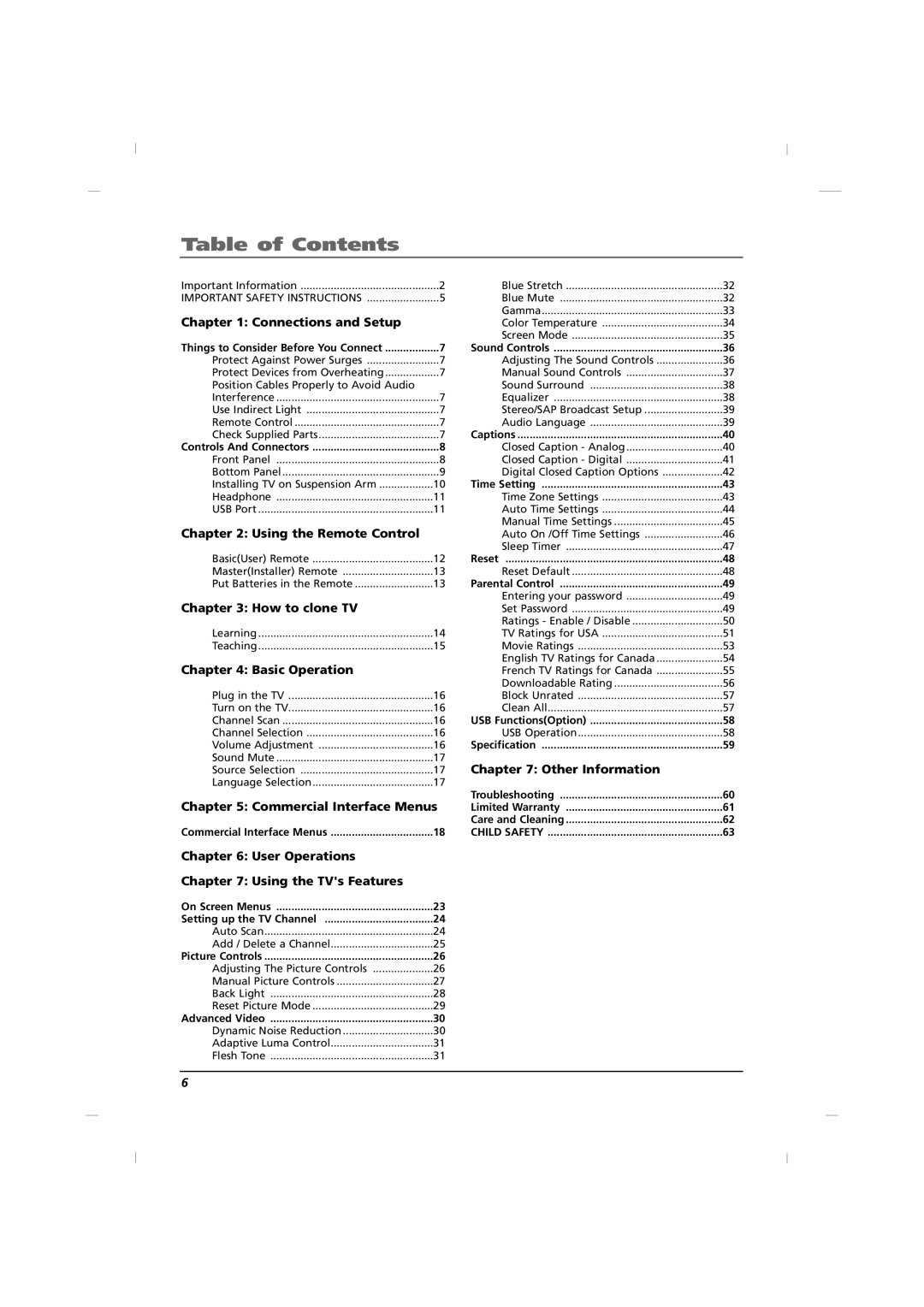 RCA J12H770 manual Table of Contents 