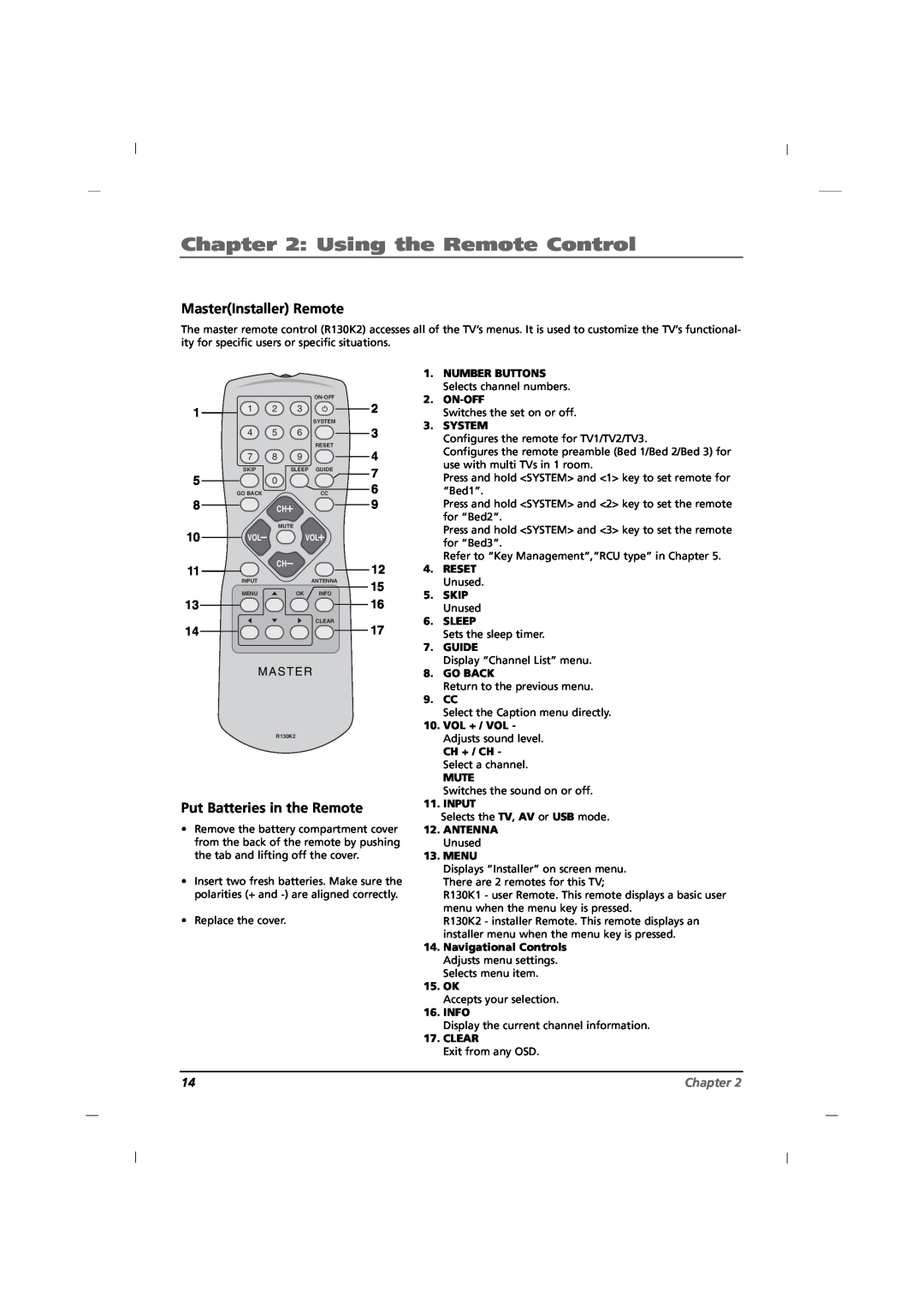 RCA J12H770 manual Using the Remote Control, MasterInstaller Remote, Put Batteries in the Remote, M A S T E R, Chapter 