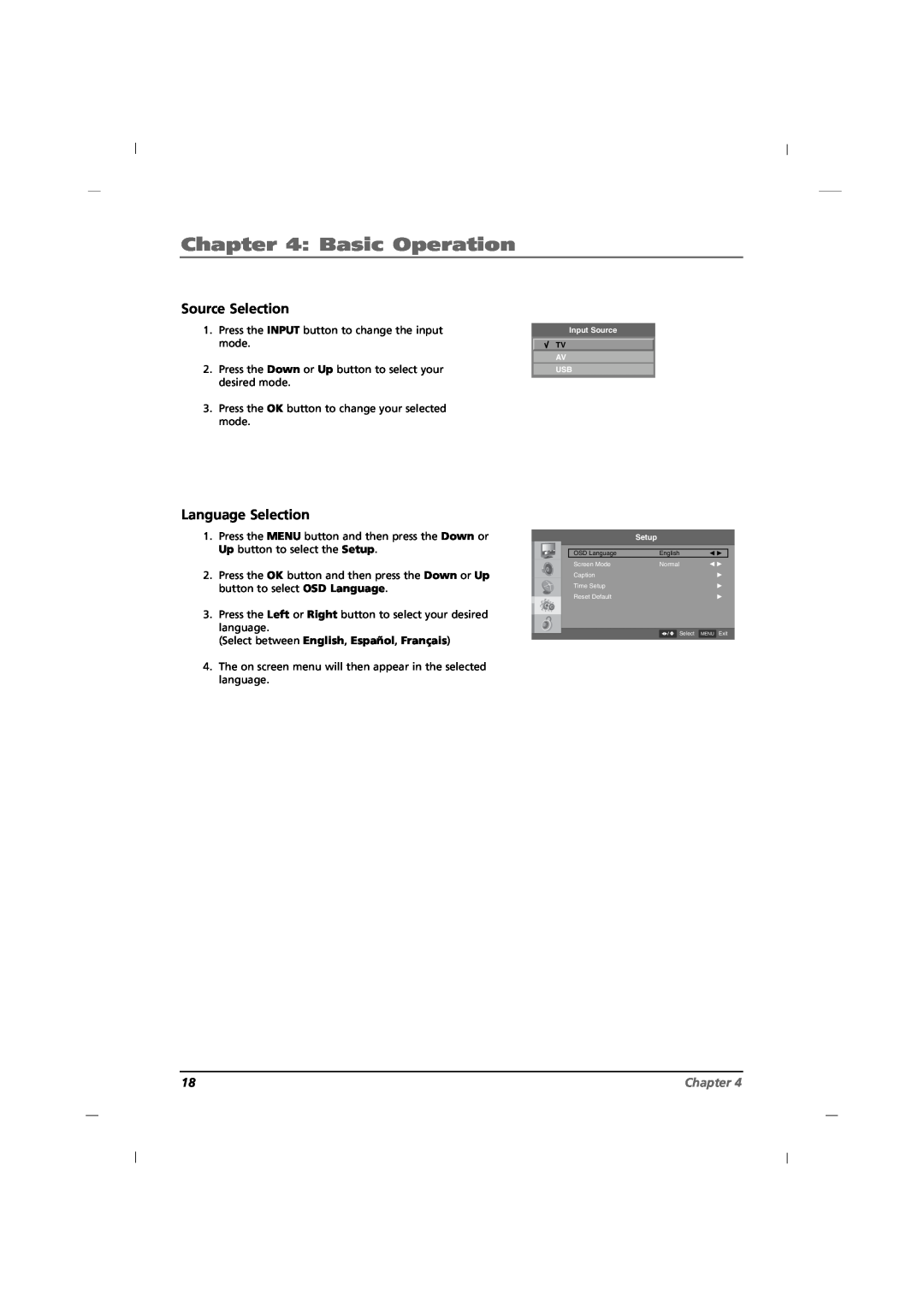 RCA J12H770 manual Basic Operation, Source Selection, Language Selection, Chapter 