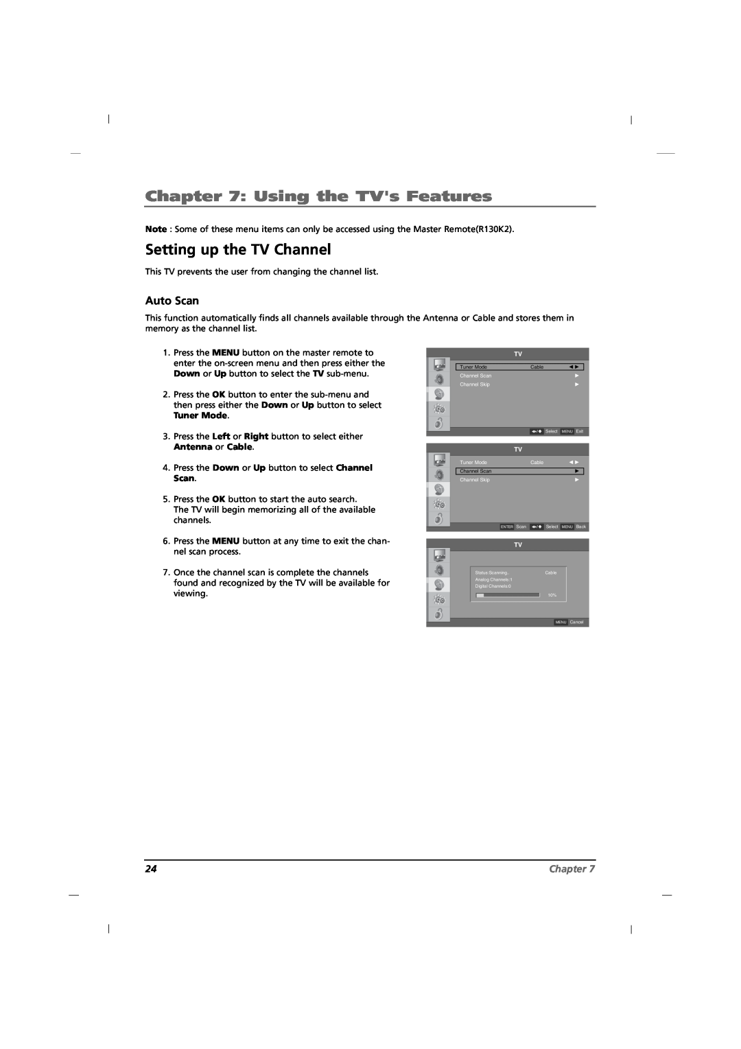RCA J12H770 manual Using the TVs Features, Setting up the TV Channel, Auto Scan, Chapter 