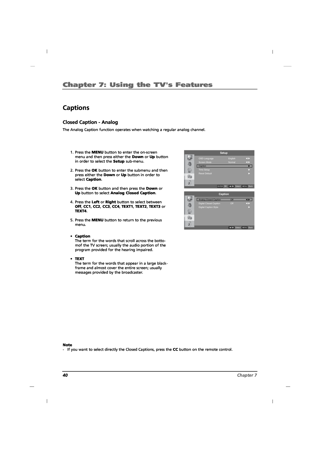 RCA J12H770 manual Captions, Closed Caption - Analog, Using the TVs Features, Chapter 