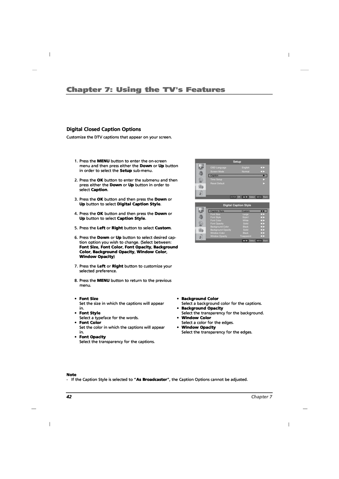 RCA J12H770 manual Digital Closed Caption Options, Using the TVs Features, Chapter, Caption Style, Custom 