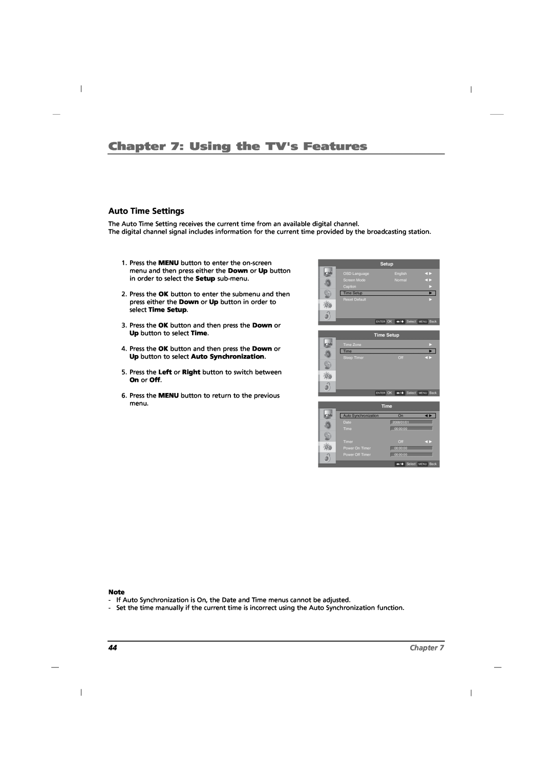 RCA J12H770 manual Auto Time Settings, Using the TVs Features, Chapter 