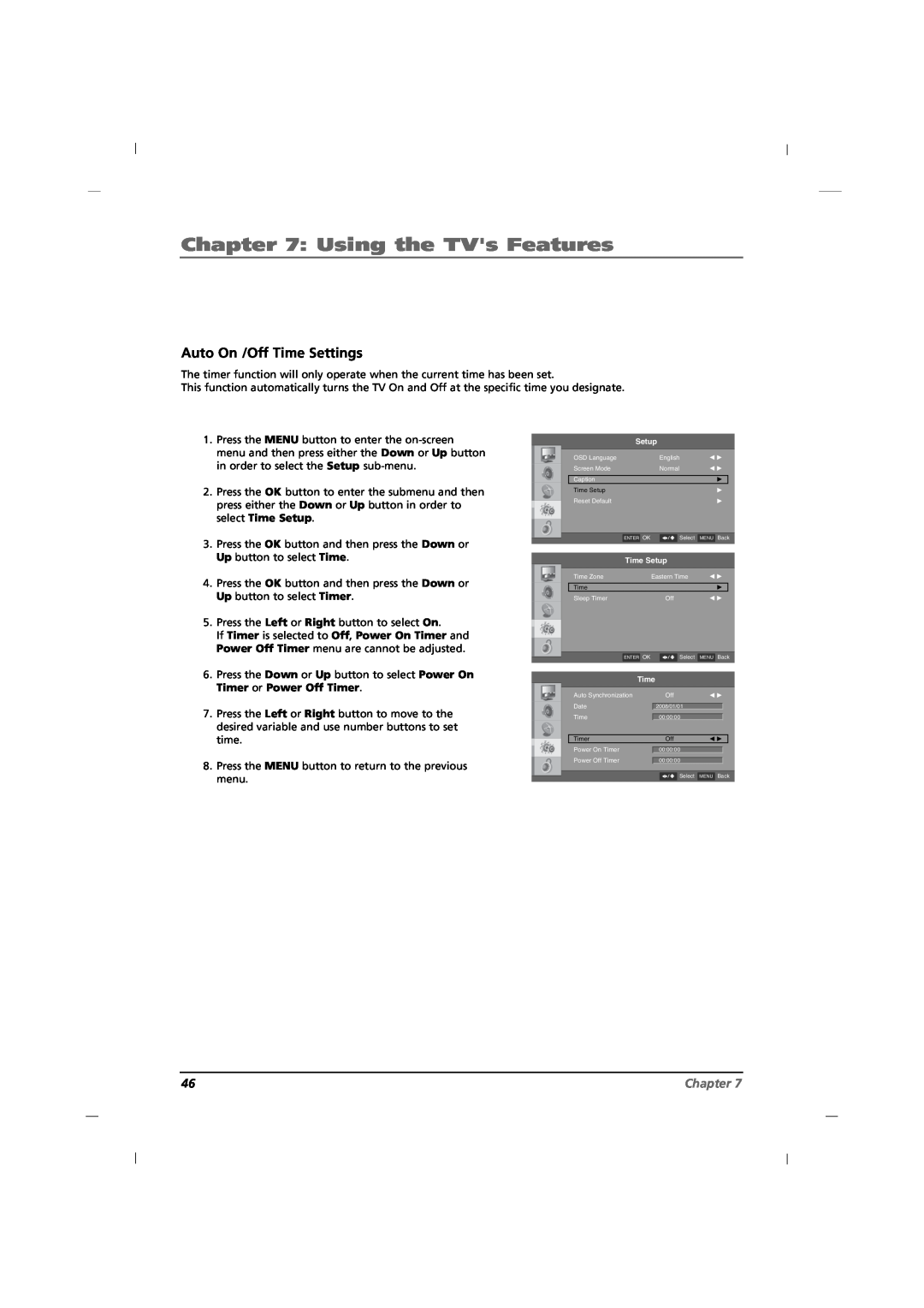 RCA J12H770 manual Auto On /Off Time Settings, Using the TVs Features, Chapter 