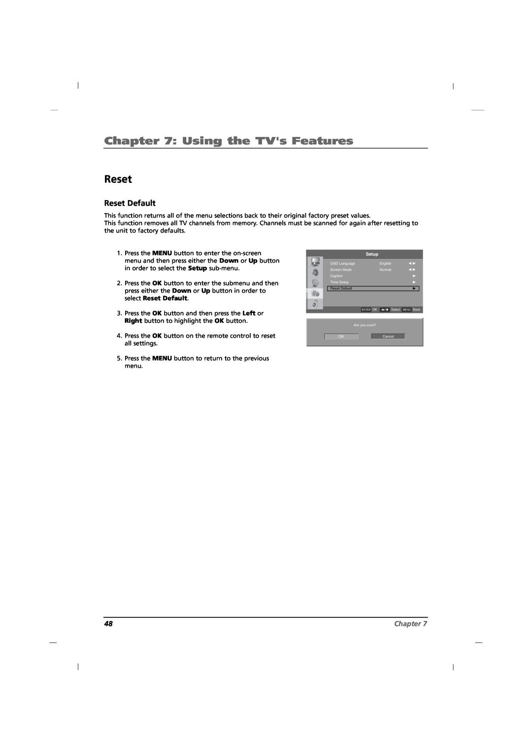 RCA J12H770 manual Reset Default, Using the TVs Features, Chapter 
