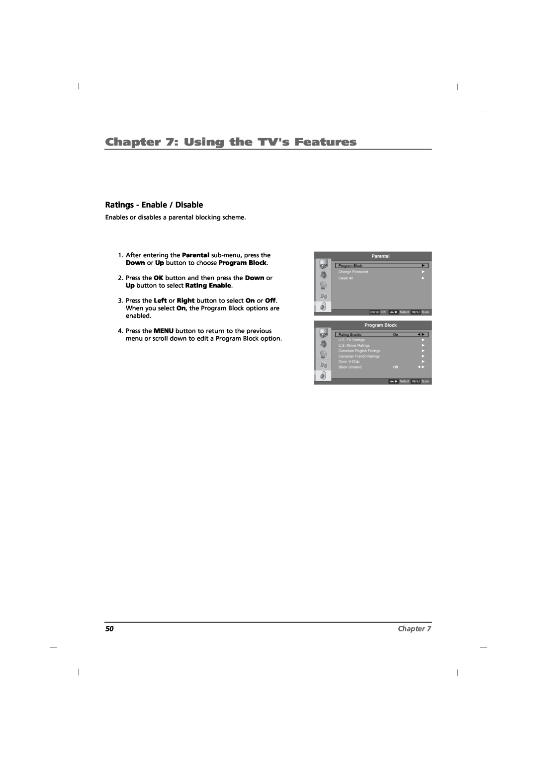 RCA J12H770 manual Ratings - Enable / Disable, Using the TVs Features, Chapter 