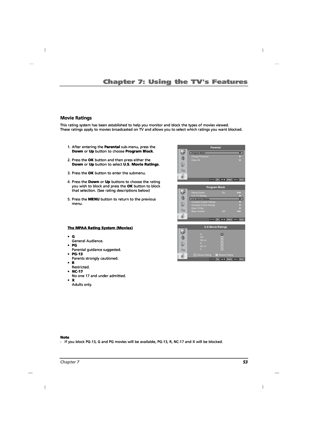 RCA J12H770 manual Movie Ratings, Using the TVs Features, Chapter 