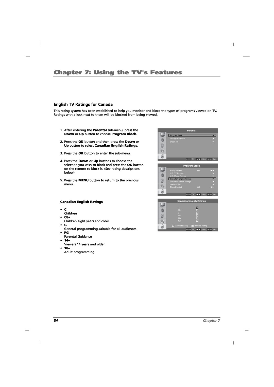 RCA J12H770 manual English TV Ratings for Canada, Using the TVs Features, Chapter 
