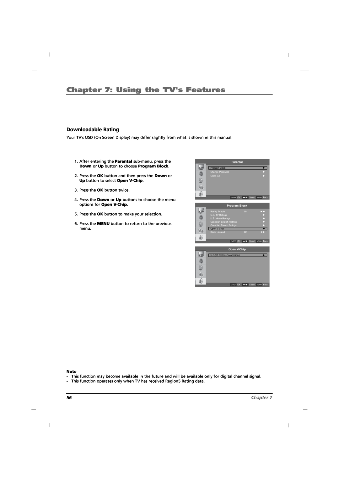 RCA J12H770 manual Downloadable Rating, Using the TVs Features, Chapter, U.S.50 States+Possessions 
