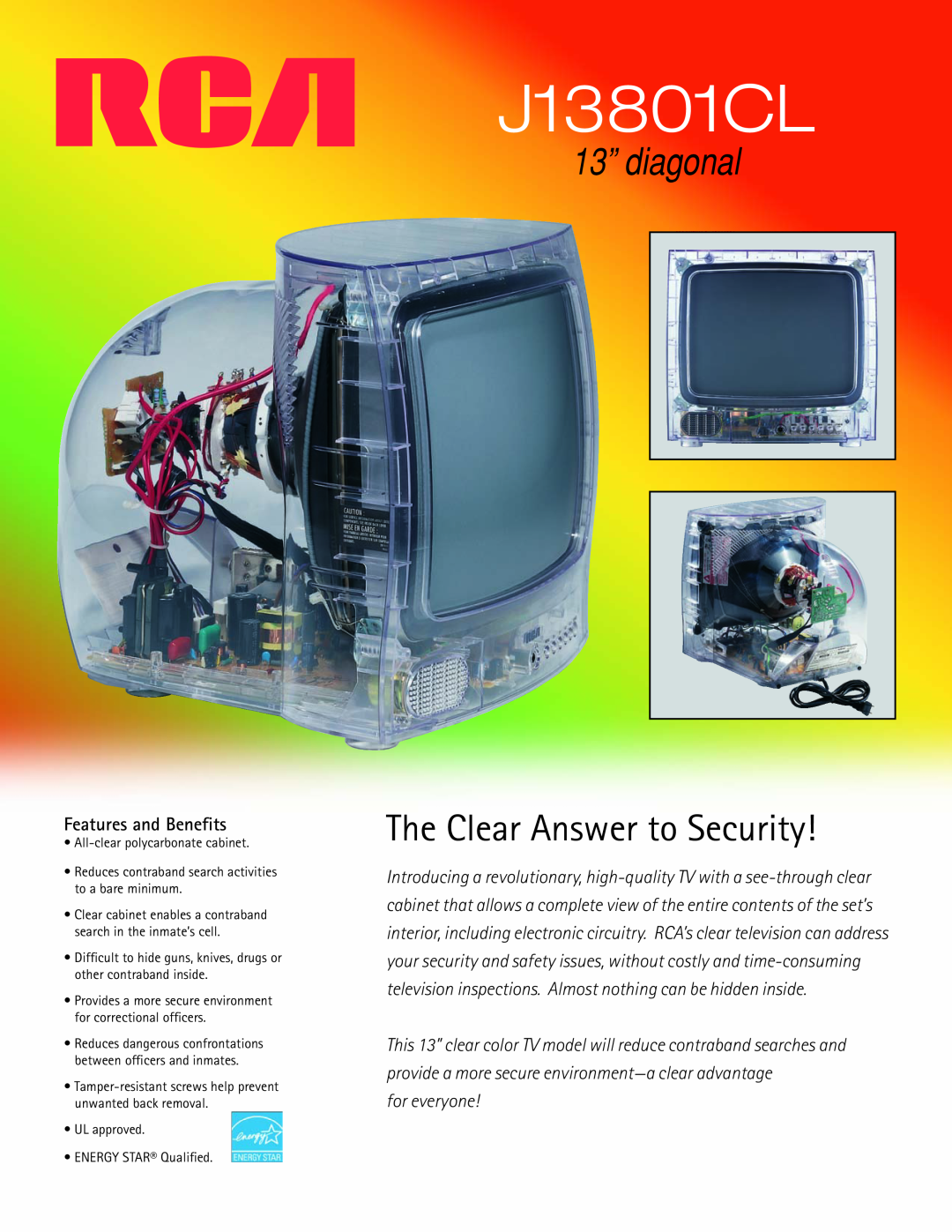 RCA J13801CL manual 13” diagonal, The Clear Answer to Security, Features and Benefits, for everyone 