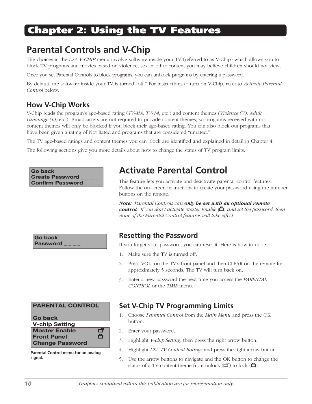 RCA J13804CL manual Parental Controls and V-Chip, Activate Parental Control, How V-Chip Works, Resetting the Password 