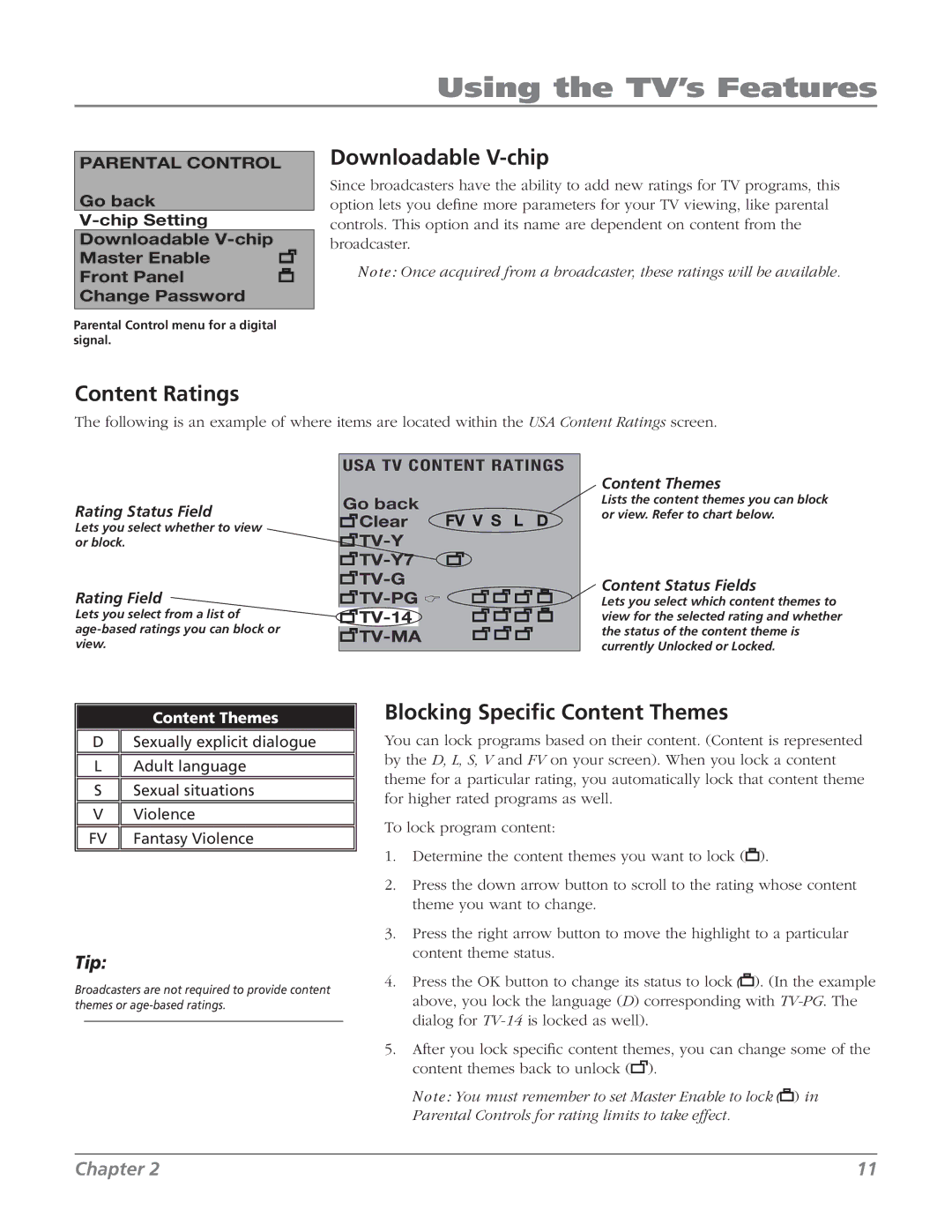 RCA J13804CL manual Using the TV’s Features, Content Ratings Downloadable V-chip, Blocking Specific Content Themes 