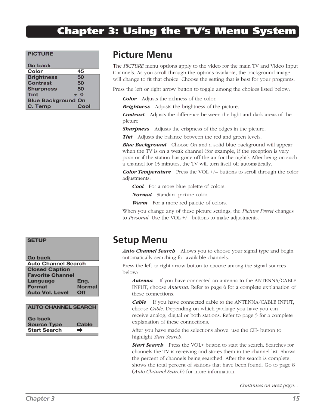 RCA J13804CL manual Picture Menu, Setup Menu 