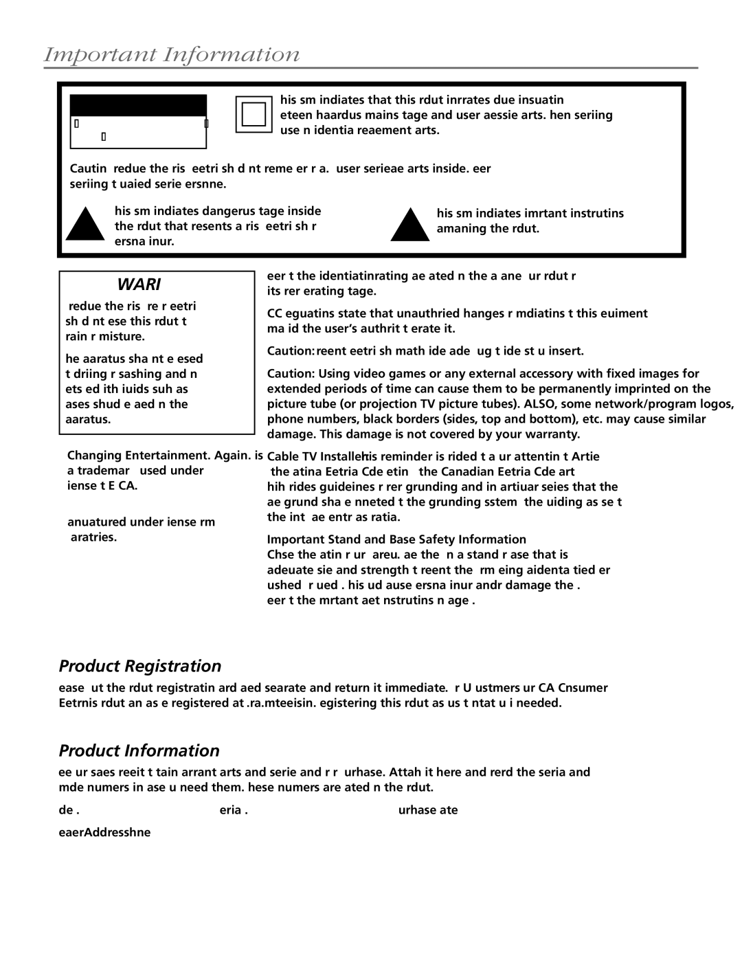 RCA J13804CL Important Information, Product Registration Product Information, Important Stand and Base Safety Information 
