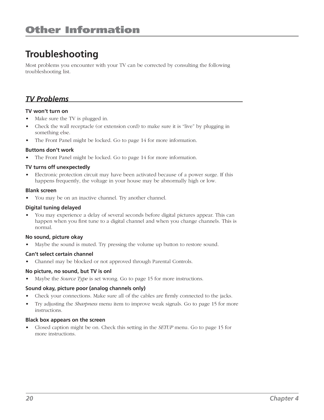 RCA J13804CL manual Other Information, Troubleshooting 