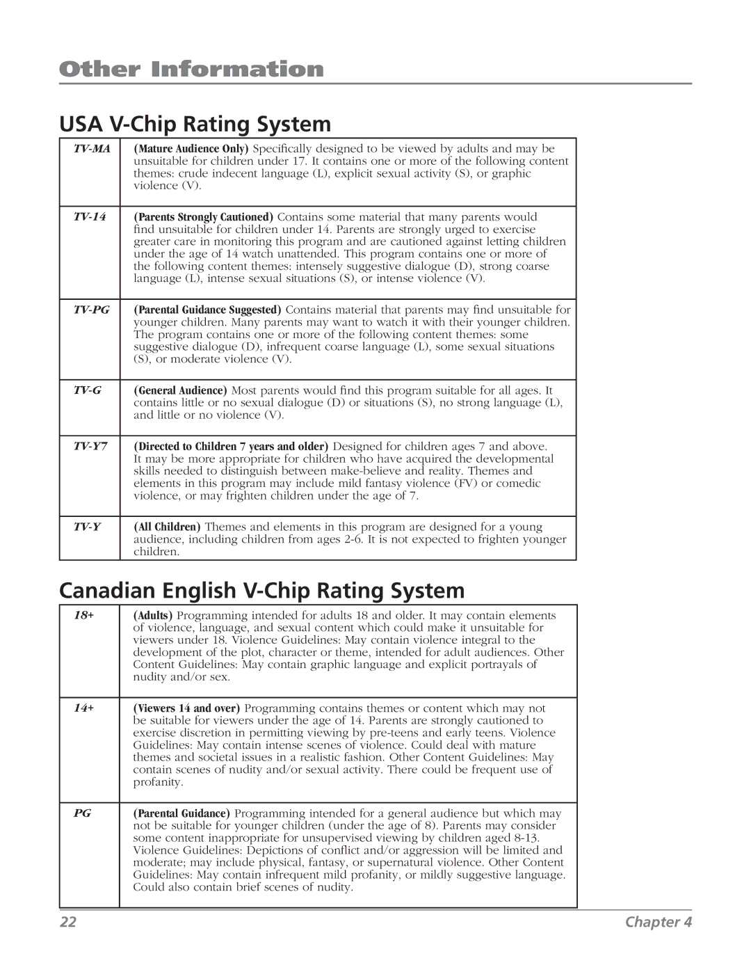 RCA J13804CL manual USA V-Chip Rating System, Canadian English V-Chip Rating System 