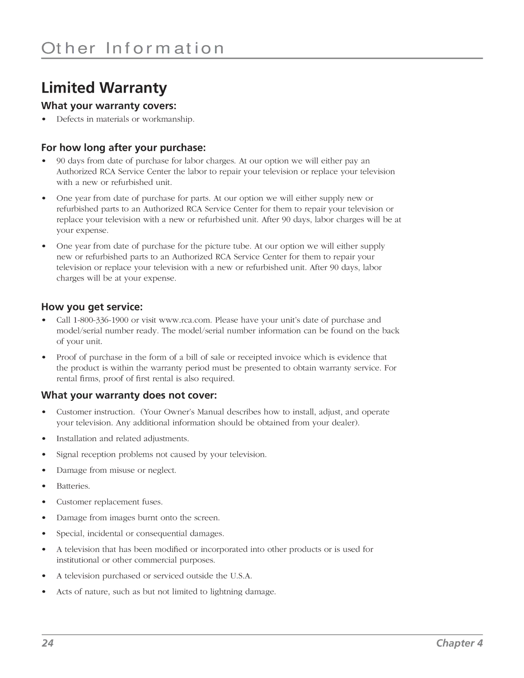 RCA J13804CL manual Limited Warranty, For how long after your purchase 