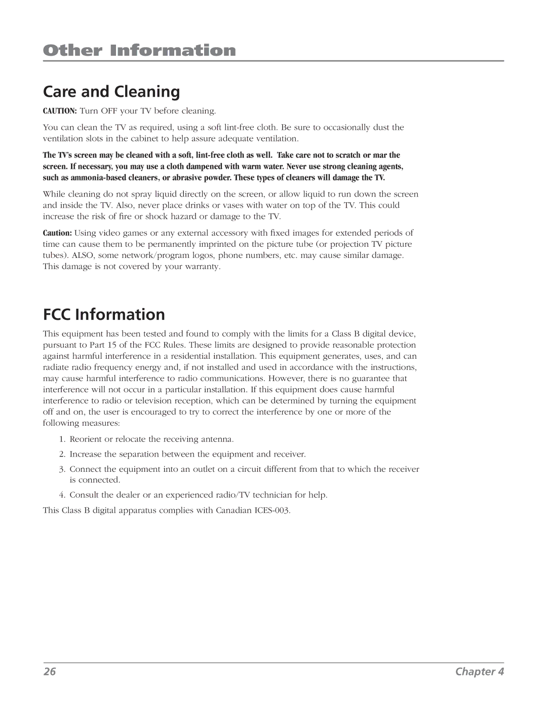 RCA J13804CL manual Care and Cleaning, FCC Information 